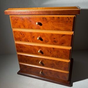 Vintage Burl Wood Style Jewelry Chest 5 Drawer Tabletop Organizer Taiwan